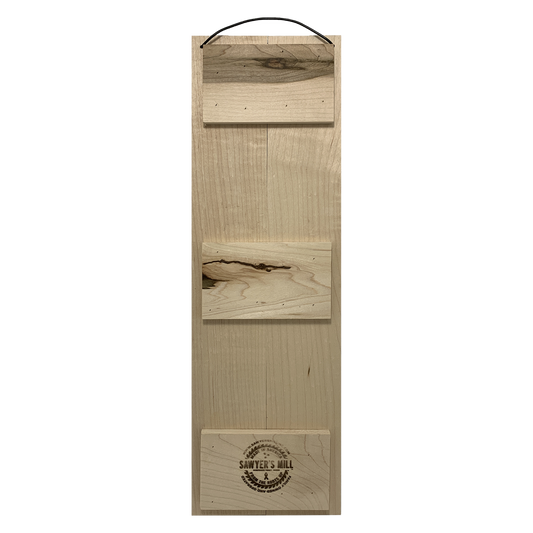 Back of Sawyer's Mill handcrafted 5 x 16 vertical maple wood sign with wire hanger and woodburned maker's mark