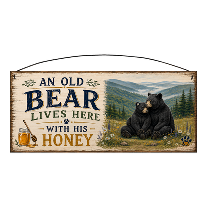 Old Bear & His Honey Black Bear Meadow Wood Sign, 7×16 — solid pine