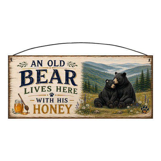Old Bear & His Honey Black Bear Meadow Wood Sign, 7×16 — solid pine