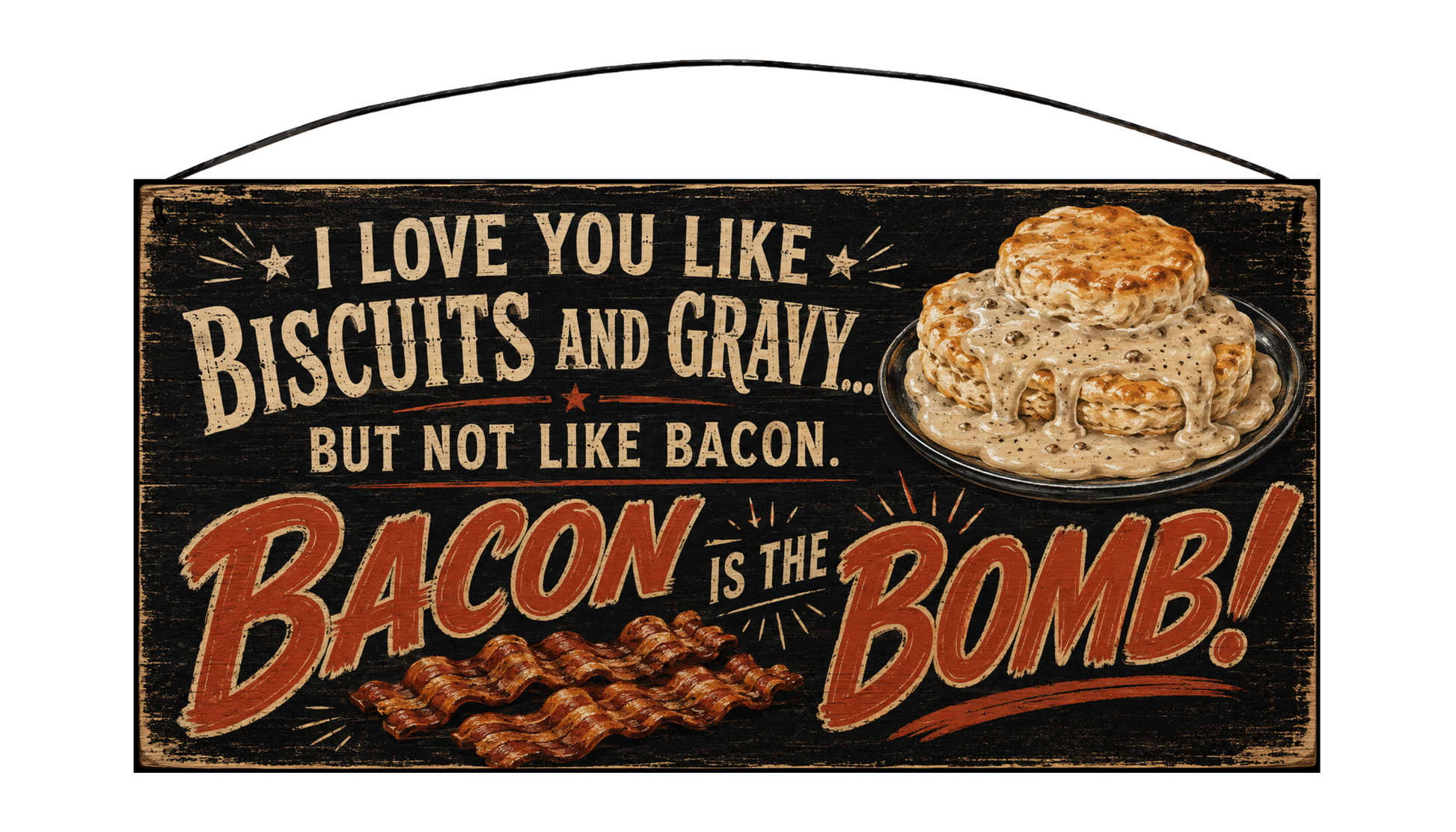 Front of wire-hanger pine sign with biscuits, gravy, and bacon artwork.