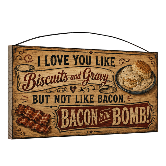 Angled view of the I Love You Like Biscuits and Gravy 7 x 14 pine wood sign showing the board edge and hanging wire