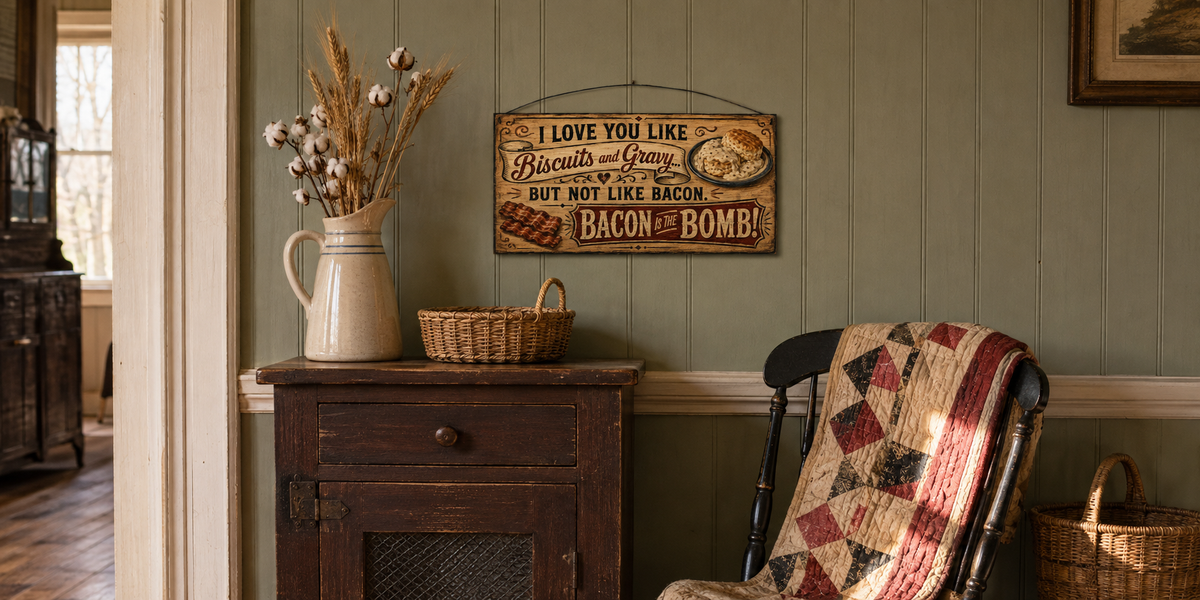 Tan biscuits, gravy and bacon 7 by 14 inch wood sign displayed at actual scale in a country farmhouse dining room