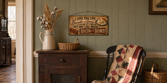 Tan biscuits, gravy and bacon 7 by 14 inch wood sign displayed at actual scale in a country farmhouse dining room