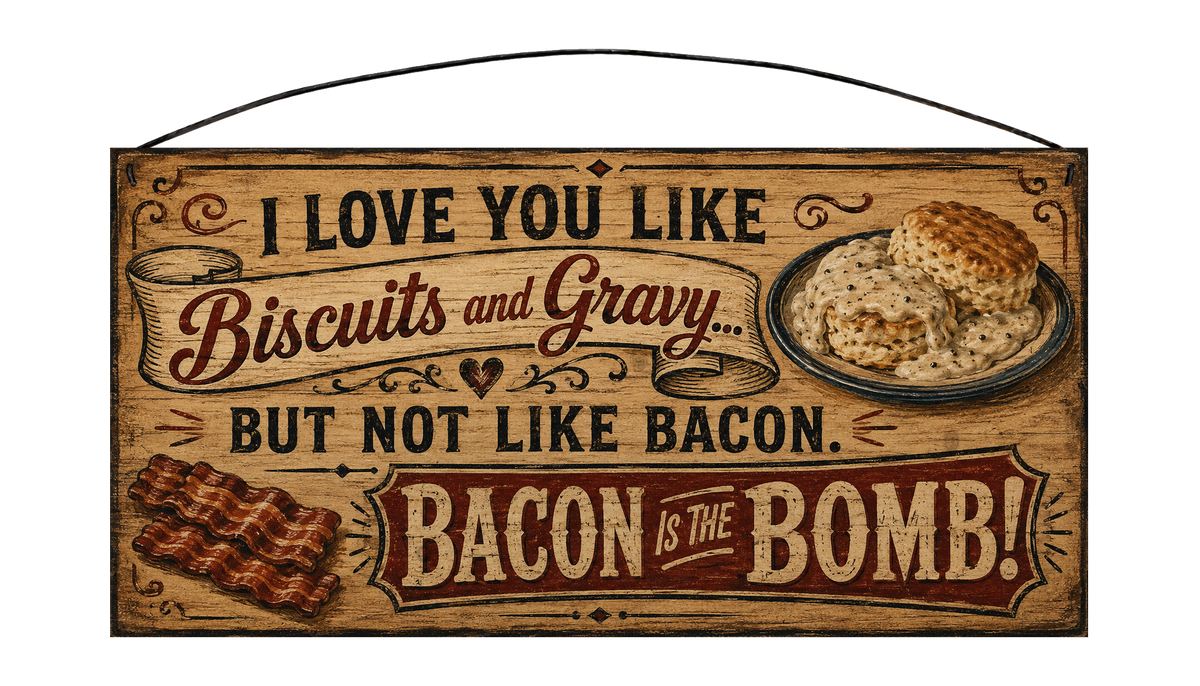 Rustic 7 by 14 inch pine sign reading I love you like biscuits and gravy but not like bacon, bacon is the bomb