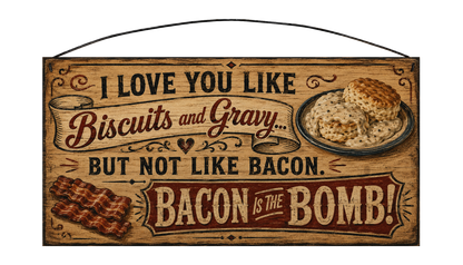 Rustic 7 by 14 inch pine sign reading I love you like biscuits and gravy but not like bacon, bacon is the bomb