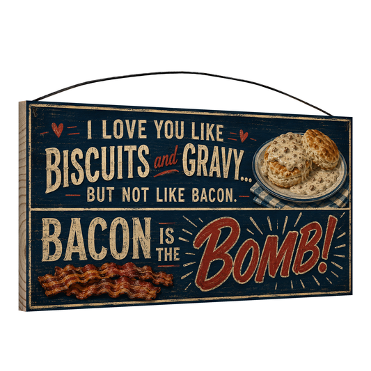 Angled view of the Biscuits, Gravy and Bacon navy 7 x 14 pine wood sign showing the board edge and hanging wire