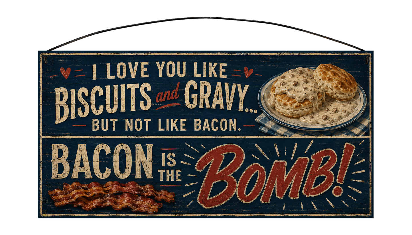 I Love You Like Biscuits and Gravy Bacon Is the Bomb 7 by 14 pine sign front