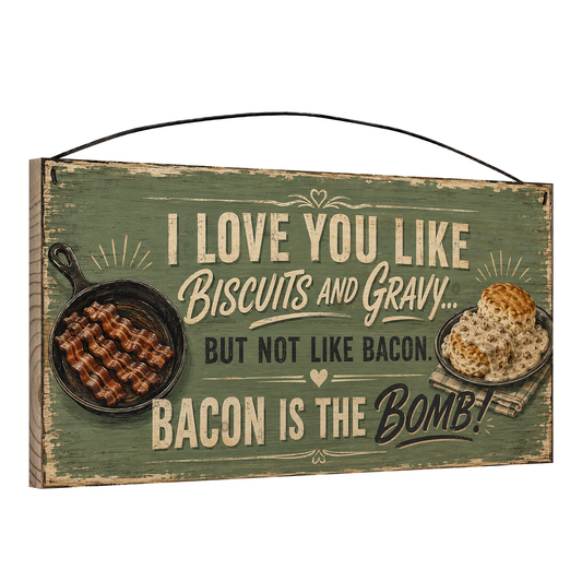 Angled view of the Biscuits, Gravy and Bacon sage 7 x 14 pine wood sign showing the board edge and hanging wire