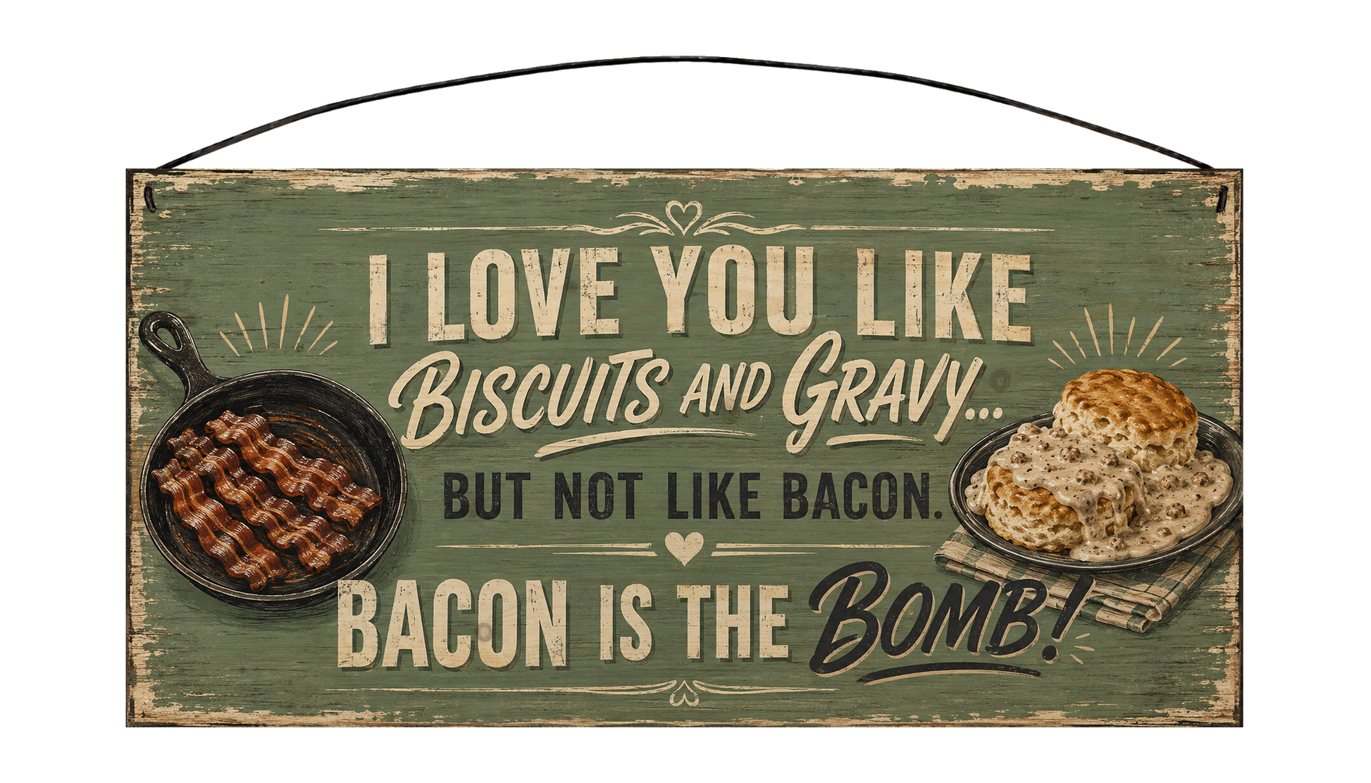 I Love You Like Biscuits and Gravy Bacon Is the Bomb sage green 7 by 14 pine sign front