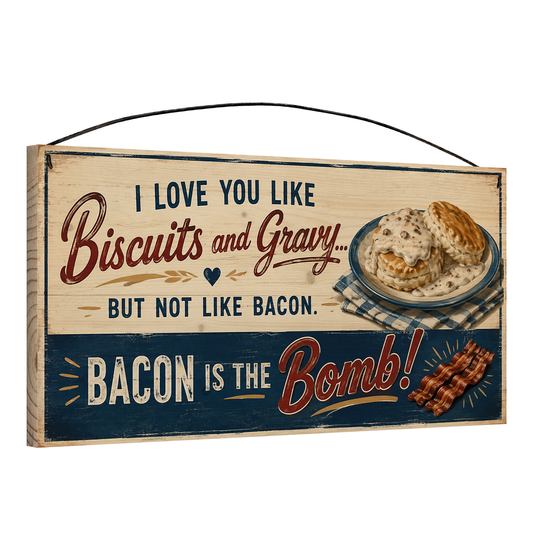 Angled view of the Biscuits and Gravy Bacon Is the Bomb blue gingham 7 x 14 pine wood sign showing the board edge and hanging wire
