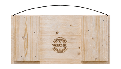 Backside of Sawyer's Mill 7 by 14 inch handcrafted pine wood sign