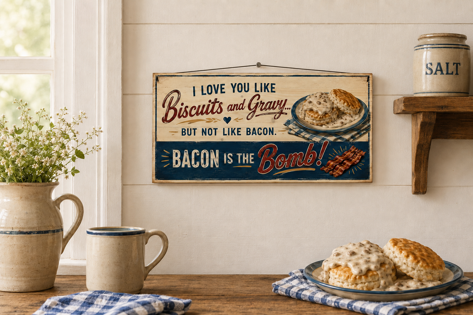 Biscuits, gravy and bacon 7 by 14 inch wood sign displayed at actual scale in a farmhouse kitchen