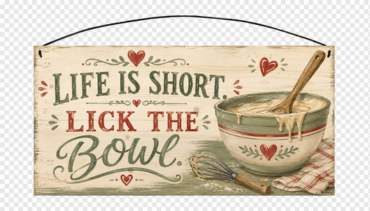 Sawyer's Mill Life Is Short Lick the Bowl vintage baking wood sign, 7 x 14