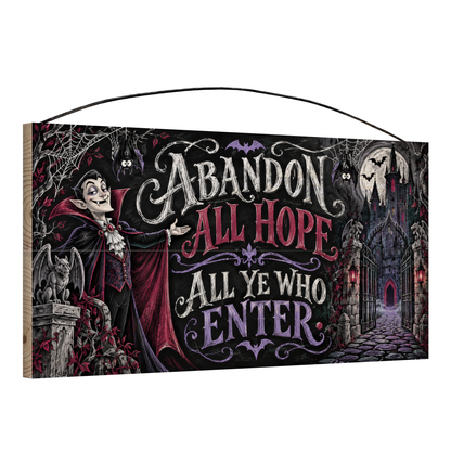 Abandon All Hope All Ye Who Enter Vampire Castle 7x14 wood sign, angle view