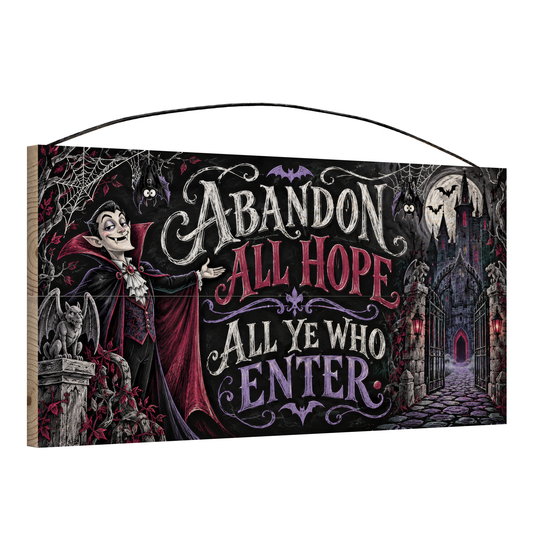 Abandon All Hope All Ye Who Enter Vampire Castle 7x14 wood sign, angle view