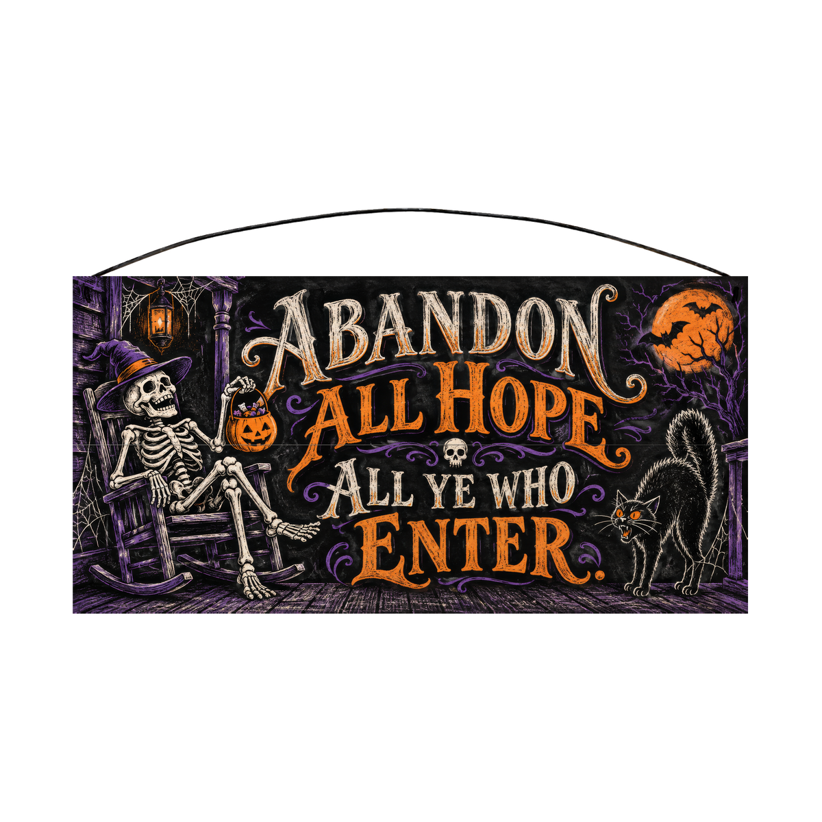 Abandon All Hope All Ye Who Enter Porch Skeleton 7x14 wood sign, front