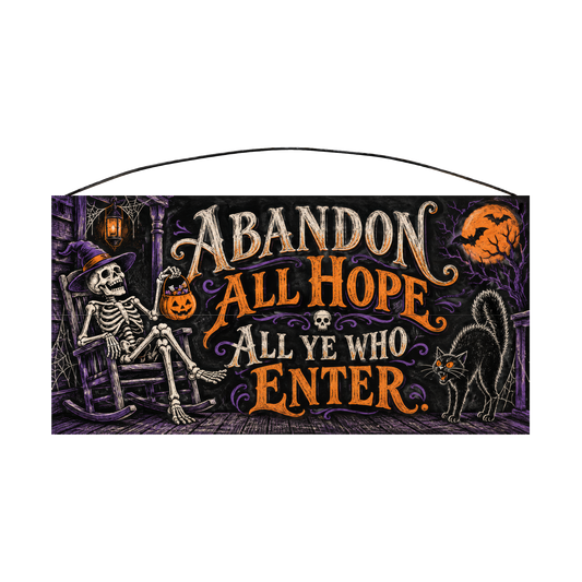 Abandon All Hope All Ye Who Enter Porch Skeleton 7x14 wood sign, front