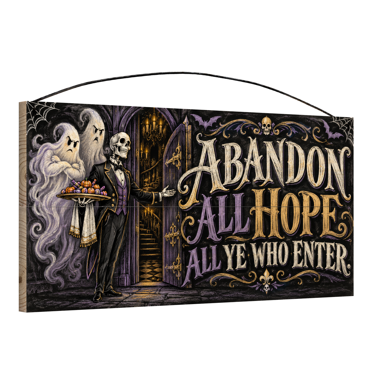 Abandon All Hope All Ye Who Enter Skeleton Butler 7x14 wood sign, angle view