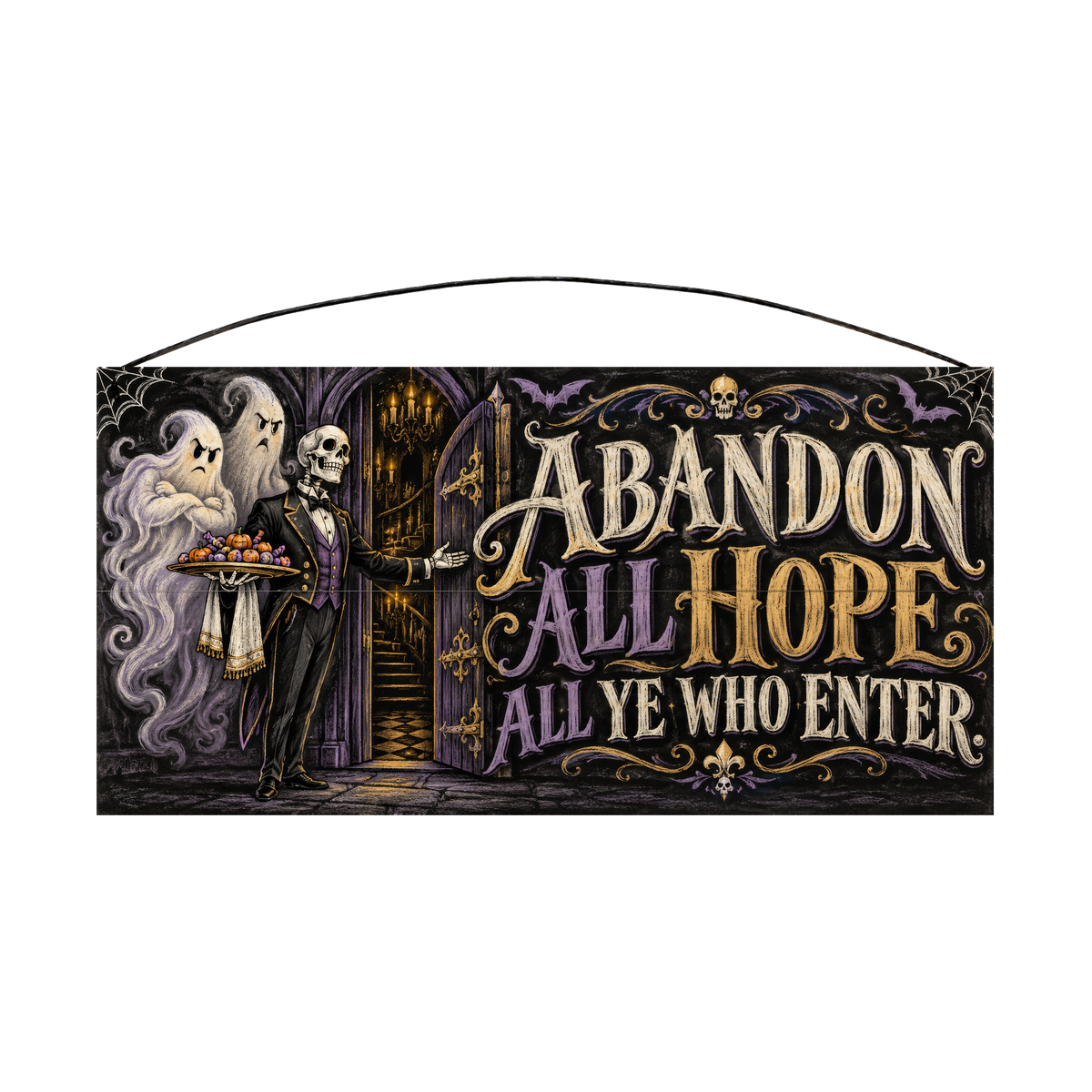 Abandon All Hope All Ye Who Enter Skeleton Butler 7x14 wood sign, front