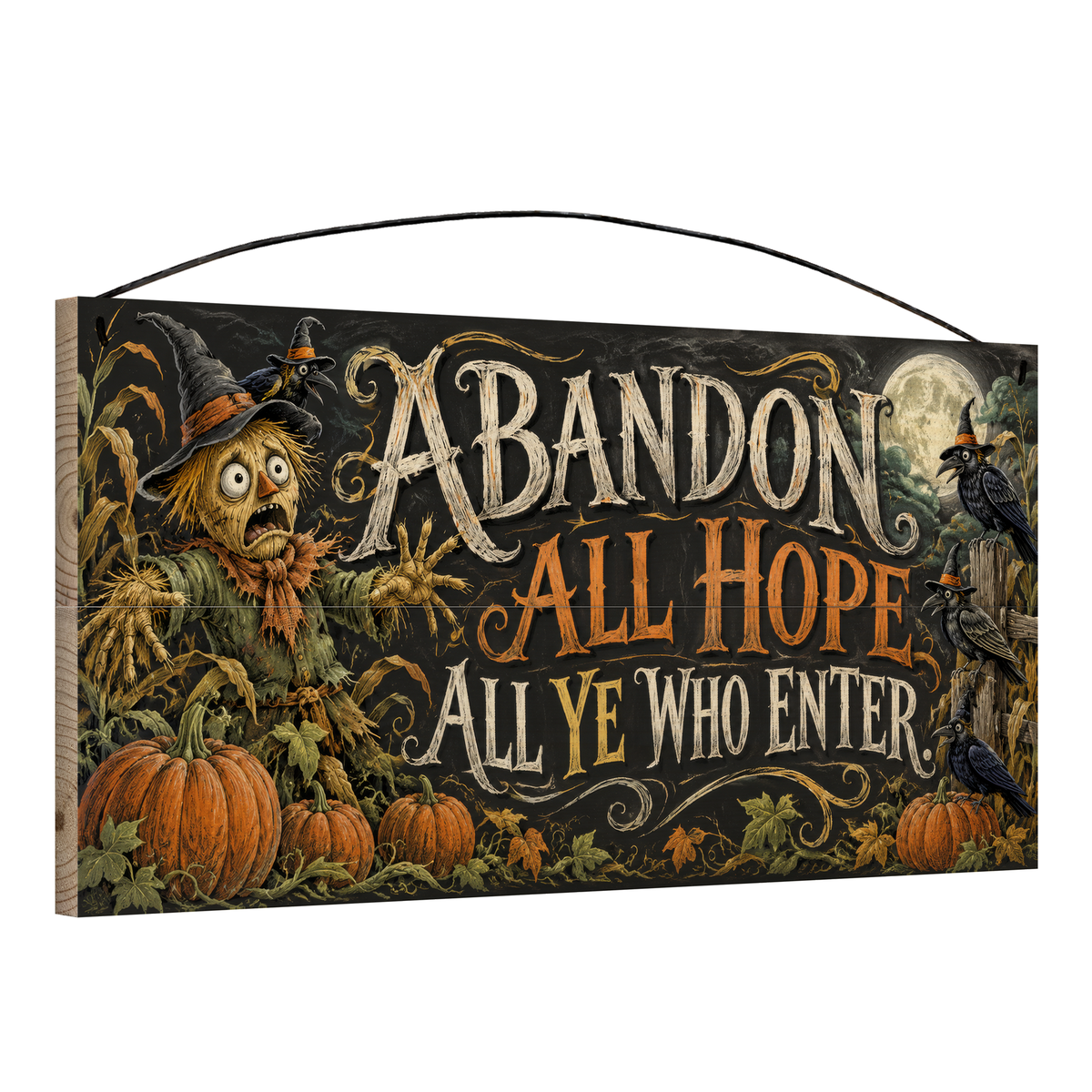 Abandon All Hope All Ye Who Enter Scarecrow 7x14 wood sign, angle view
