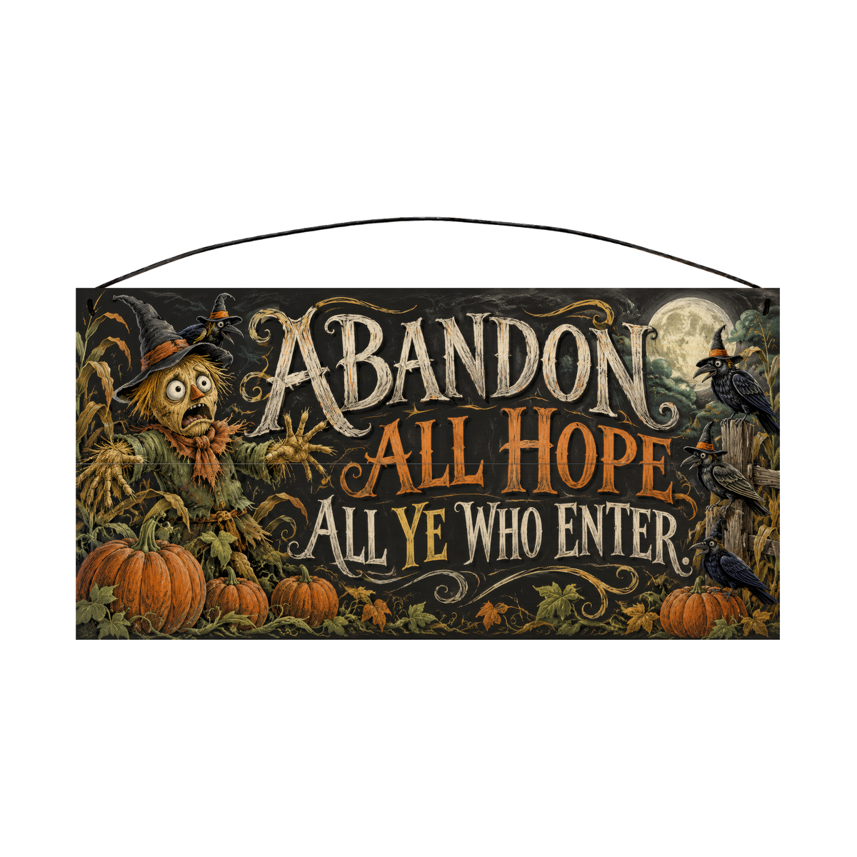 Abandon All Hope All Ye Who Enter Scarecrow 7x14 wood sign, front