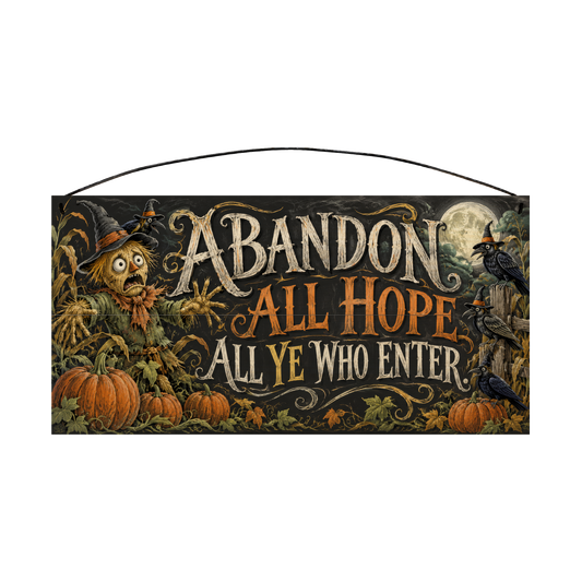 Abandon All Hope All Ye Who Enter Scarecrow 7x14 wood sign, front