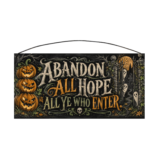 Abandon All Hope All Ye Who Enter Jack-o'-Lantern Cemetery 7x14 wood sign, front