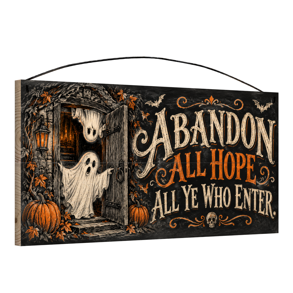 Abandon All Hope All Ye Who Enter Haunted Doorway Ghost 7x14 wood sign, angle view