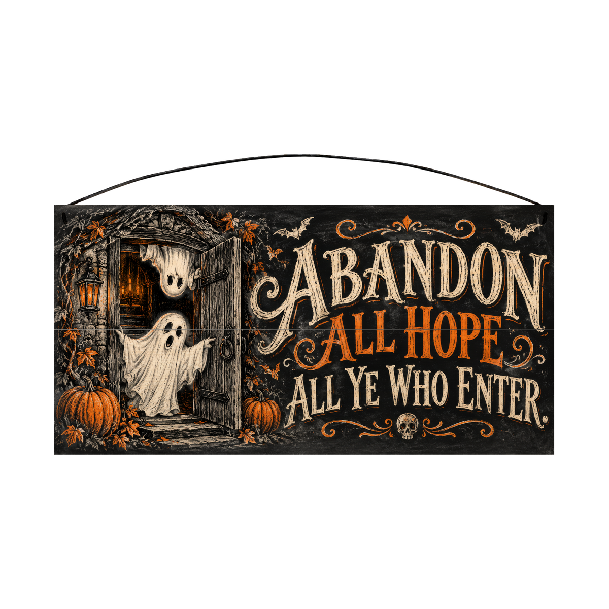 Abandon All Hope All Ye Who Enter Haunted Doorway Ghost 7x14 wood sign, front