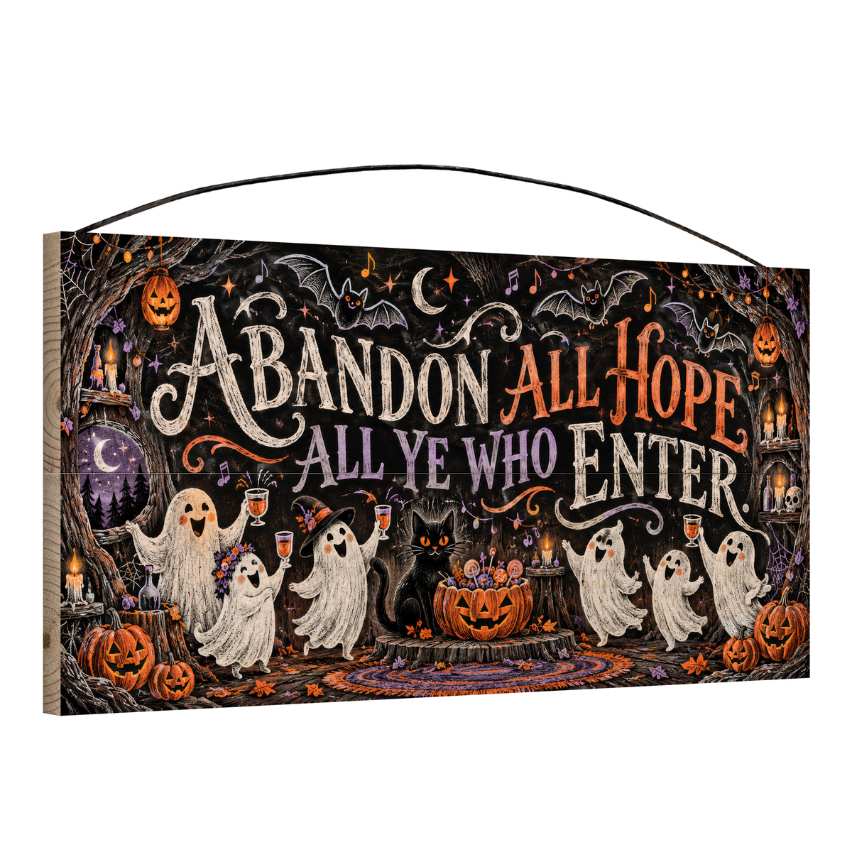 Abandon All Hope All Ye Who Enter Ghost Party 7x14 wood sign, angle view