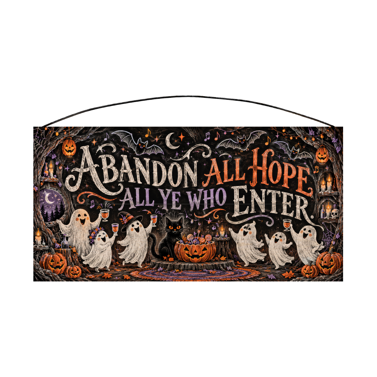 Abandon All Hope All Ye Who Enter Ghost Party 7x14 wood sign, front
