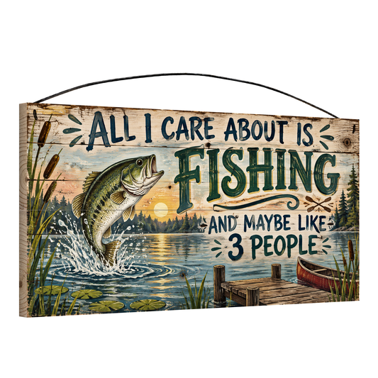 All I Care About Is Fishing and Maybe Like 3 People Red Canoe wood sign, angled view showing the pine edge and hanging wire