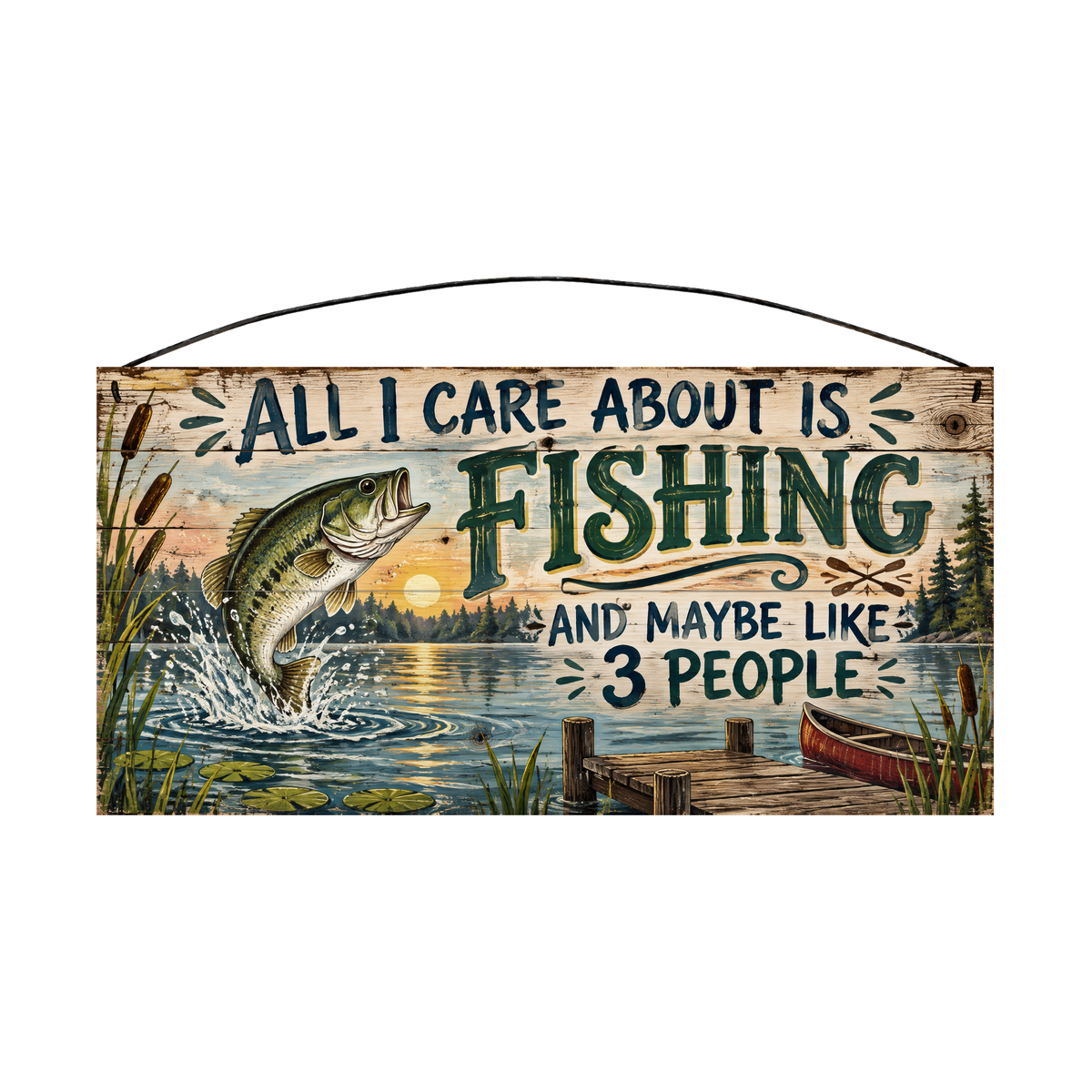 All I Care About Is Fishing and Maybe Like 3 People Red Canoe wood sign, front view