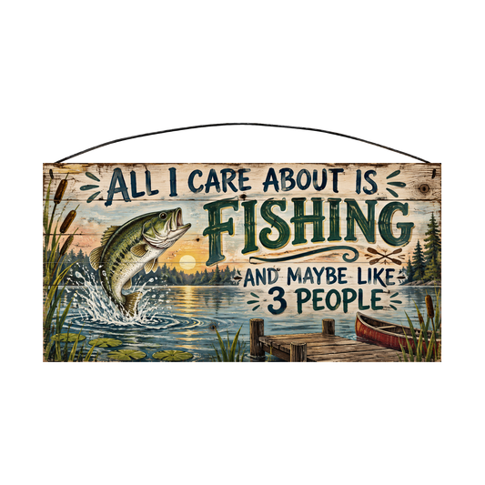 All I Care About Is Fishing and Maybe Like 3 People Red Canoe wood sign, front view
