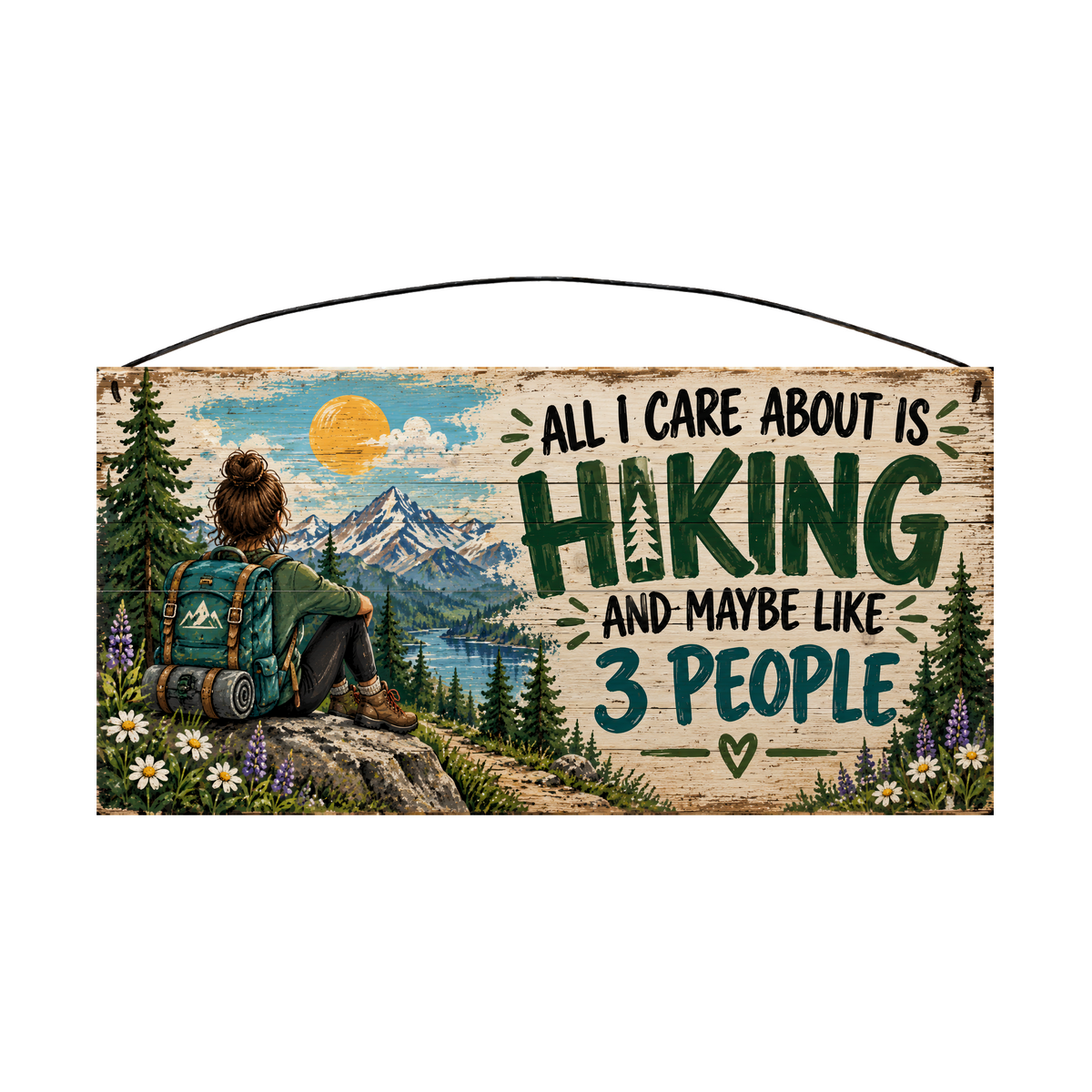 All I Care About Is Hiking Summit View Wood Sign, 7×14 — solid pine