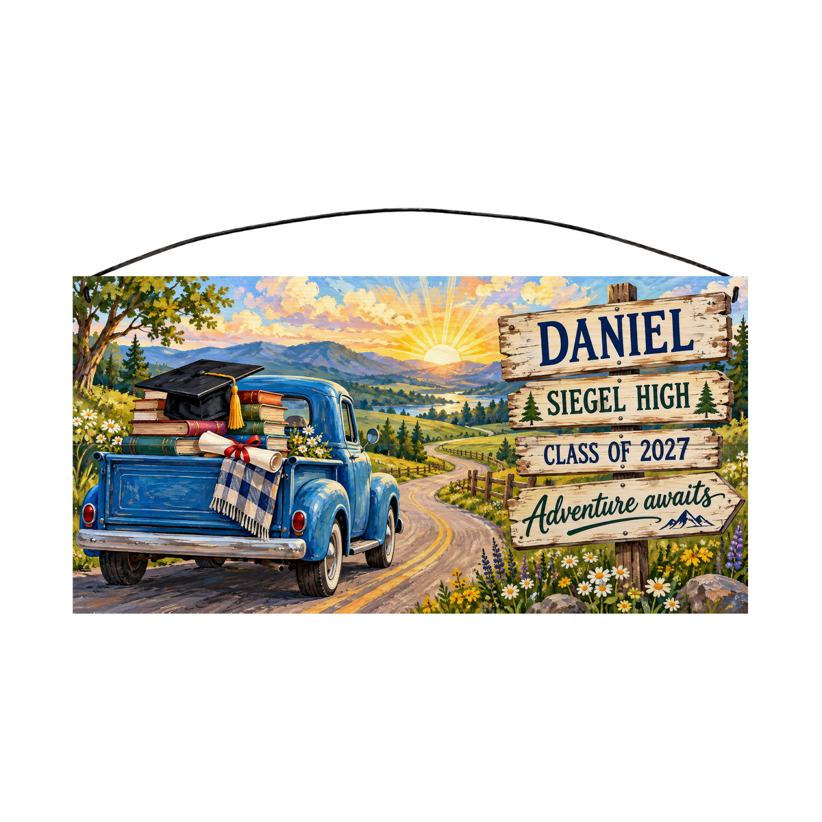 Personalized Adventure Awaits graduation wood sign, 7 x 14 in — a vintage blue pickup loaded with books, a cap and diploma on a winding mountain road at sunrise, with the name on a wooden signpost