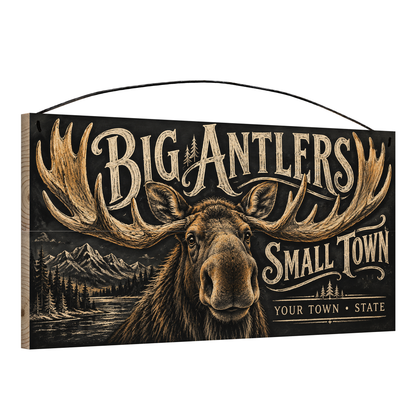 Angled view of the personalized Big Antlers, Small Town 7 x 14 in pine wood sign, showing the board thickness and wire hanger