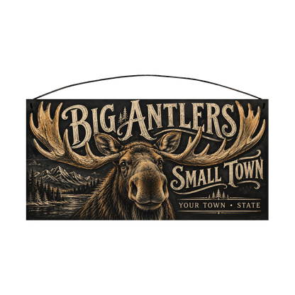 Personalized Big Antlers, Small Town wood sign, 7 x 14 in — Bull moose with antlers framing the lettering, with your town and state