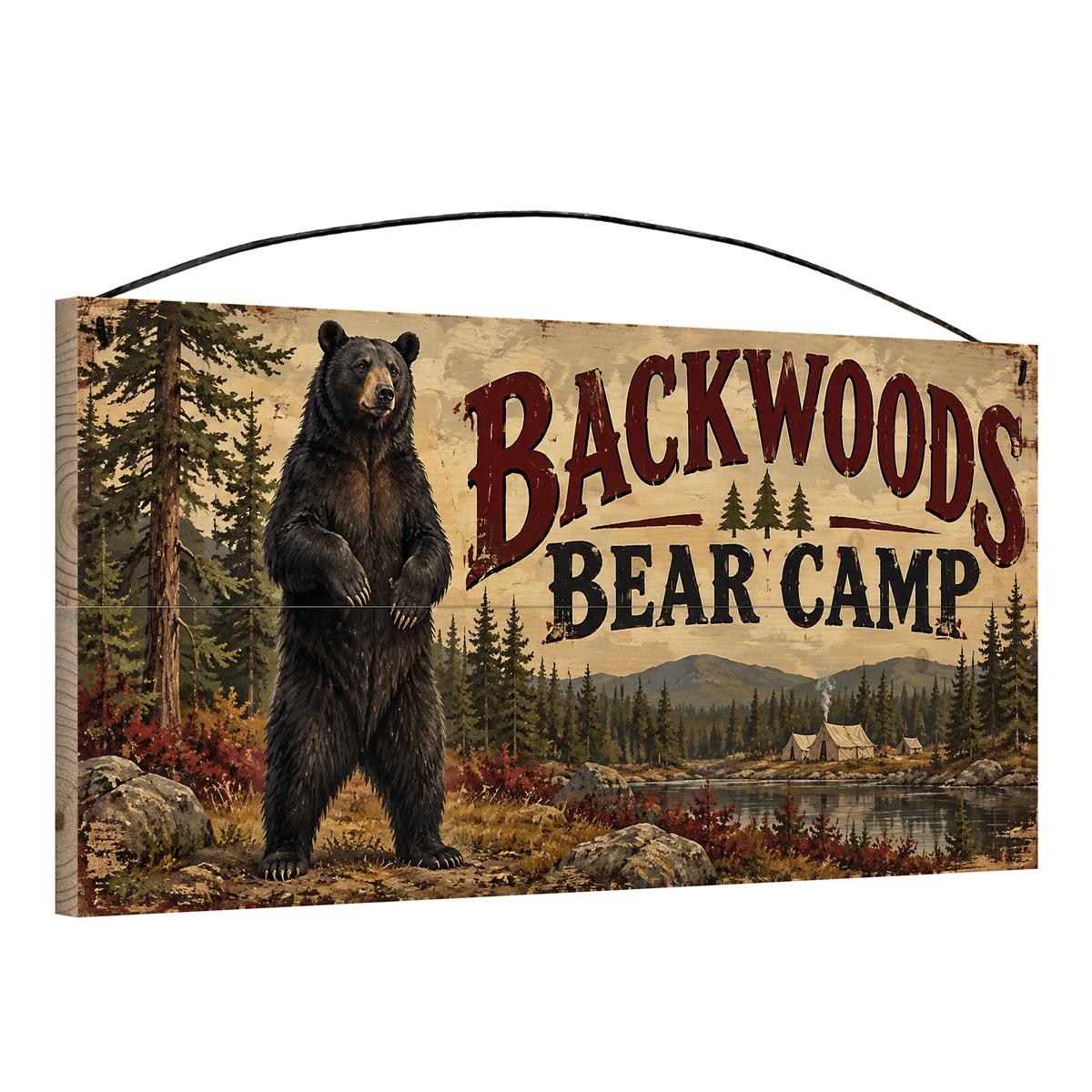 Backwoods Bear Camp 7x14 pine wood sign, angled view showing the edge and wire hanger