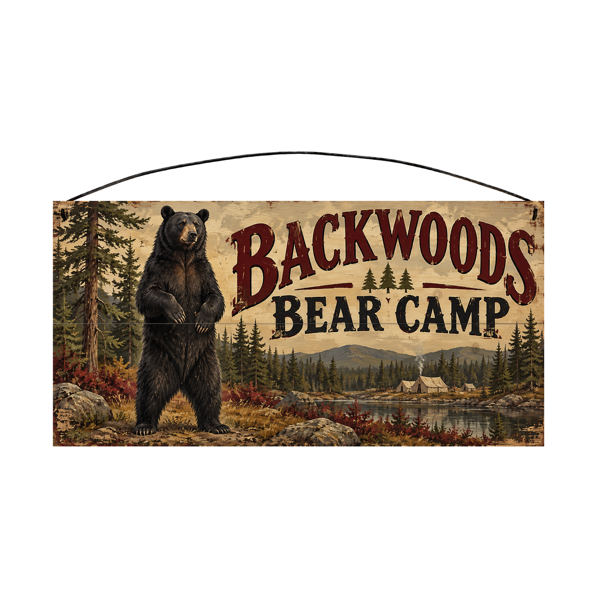 Backwoods Bear Camp 7x14 pine wood sign, front view