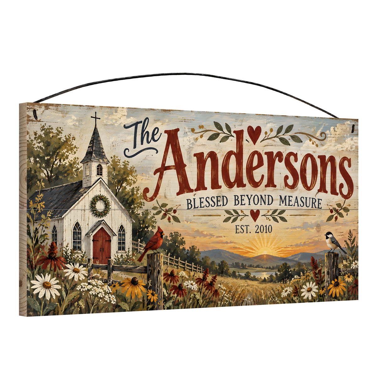 Personalized Blessed Beyond Measure Wood Sign — angle view showing the pine edge and wire hanger