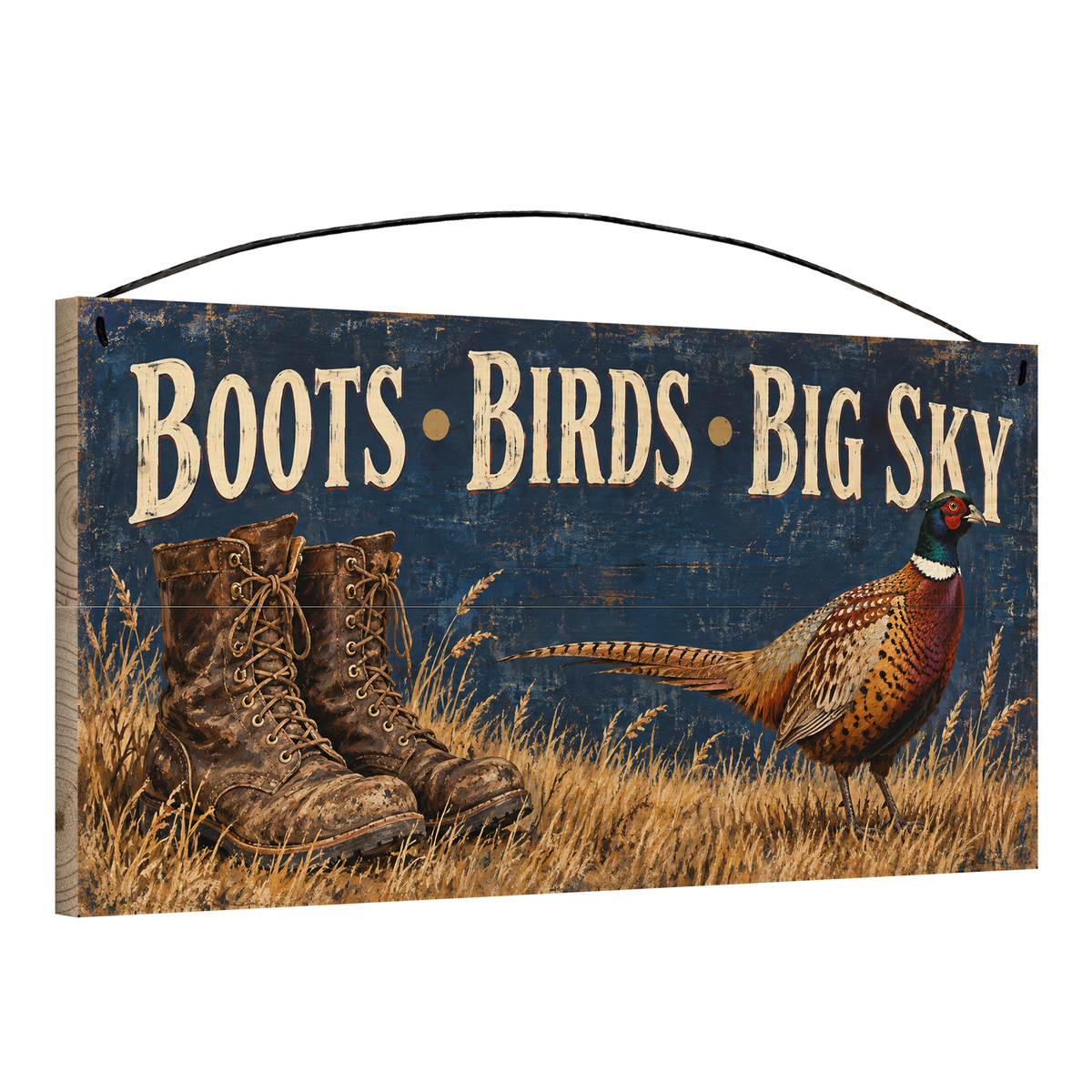 Boots Birds Big Sky 7x14 pine wood sign, angled view showing the edge and wire hanger