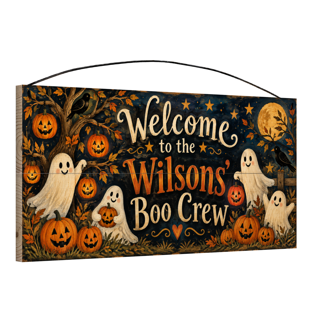 Personalized Boo Crew Friendly Ghosts Halloween Wood Sign – Custom Family Name, 7×14