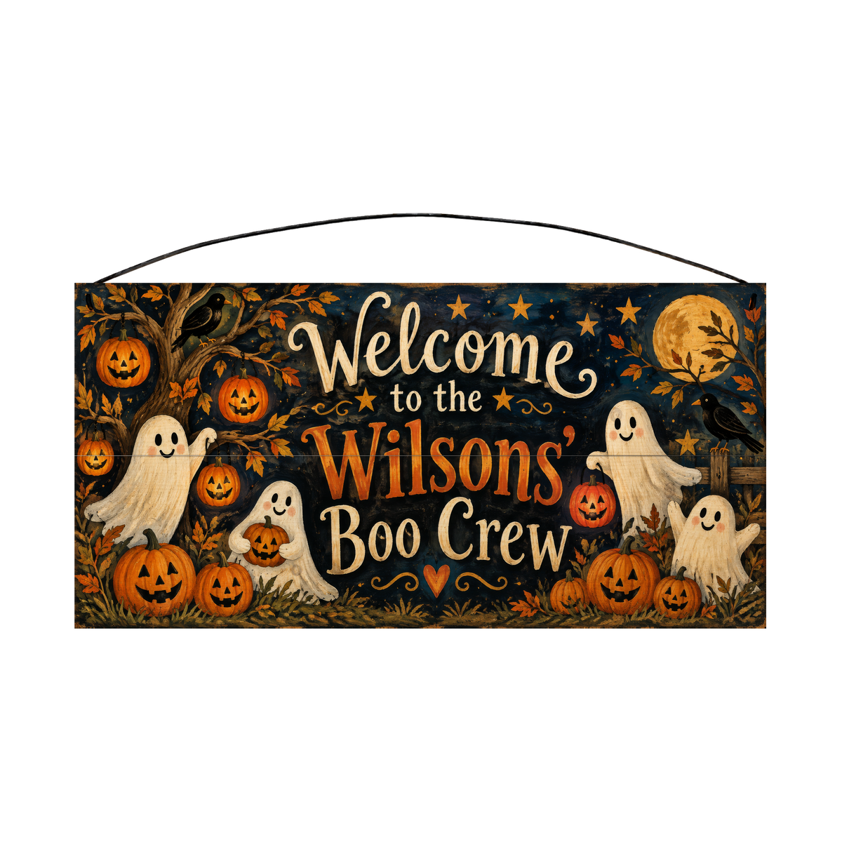 Personalized Boo Crew Friendly Ghosts Halloween Wood Sign – Custom Family Name, 7×14
