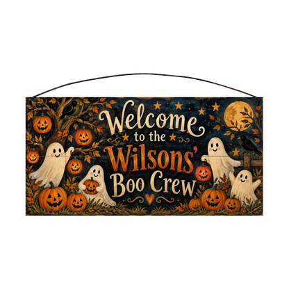 Personalized Boo Crew Friendly Ghosts Halloween Wood Sign – Custom Family Name, 7×14