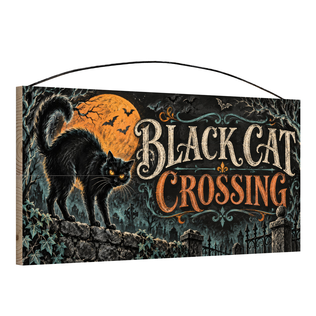 Black Cat Crossing 7x14 wood sign, angle view
