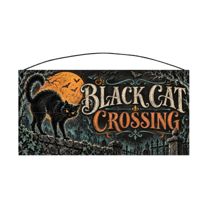 Black Cat Crossing 7x14 wood sign, front