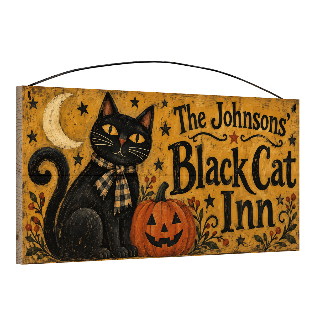 Personalized Black Cat Inn Folk Art Halloween Wood Sign – Custom Family Name, 7×14
