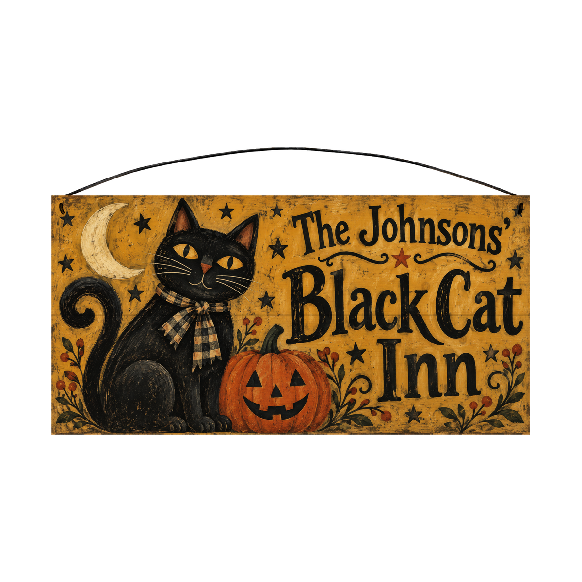 Personalized Black Cat Inn Folk Art Halloween Wood Sign – Custom Family Name, 7×14