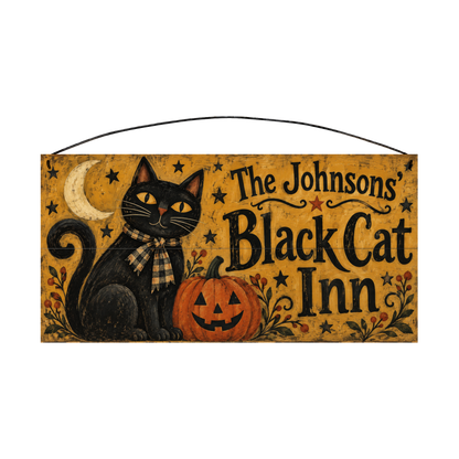 Personalized Black Cat Inn Folk Art Halloween Wood Sign – Custom Family Name, 7×14
